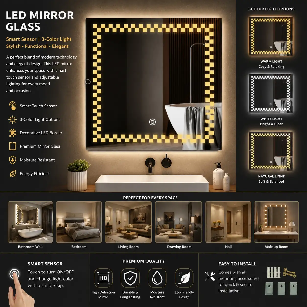 Solitaire Ambient Square Glow Mirror